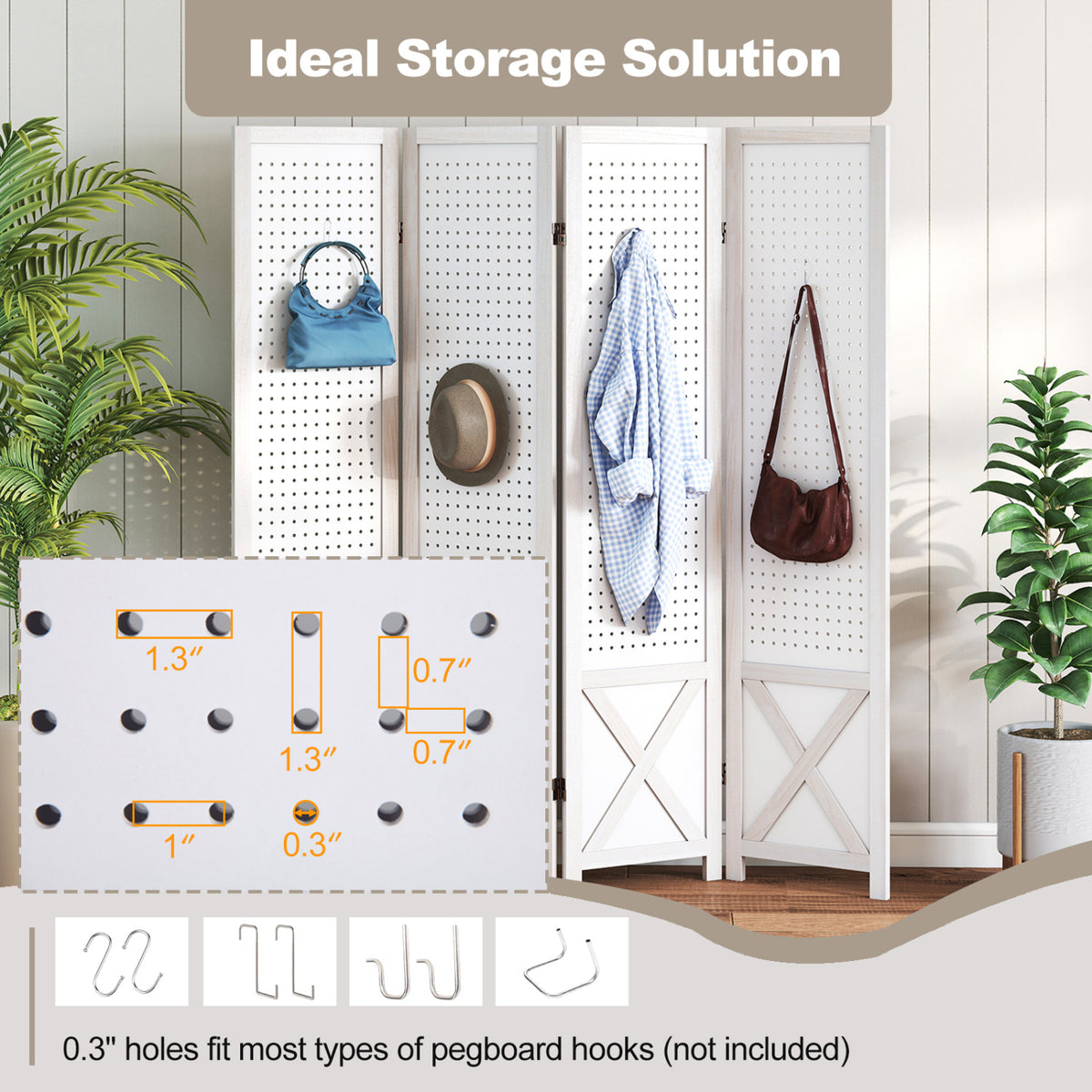 4/6-Panel Pegboard Room Divider - 67 Inches Tall Foldable Privacy Screen - Natural Wood