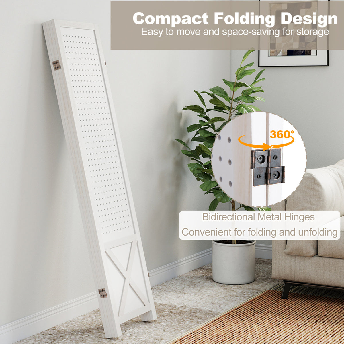4/6-Panel Pegboard Room Divider - 67 Inches Tall Foldable Privacy Screen - Natural Wood