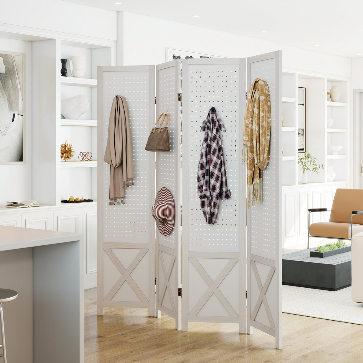4/6-Panel Pegboard Room Divider - 67 Inches Tall Foldable Privacy Screen - Natural Wood