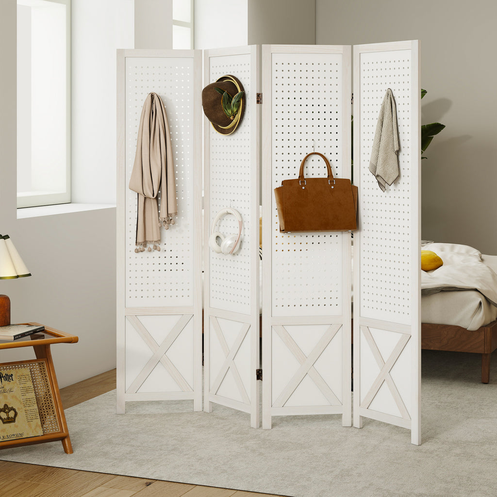 4/6-Panel Pegboard Room Divider - 67 Inches Tall Foldable Privacy Screen - Natural Wood