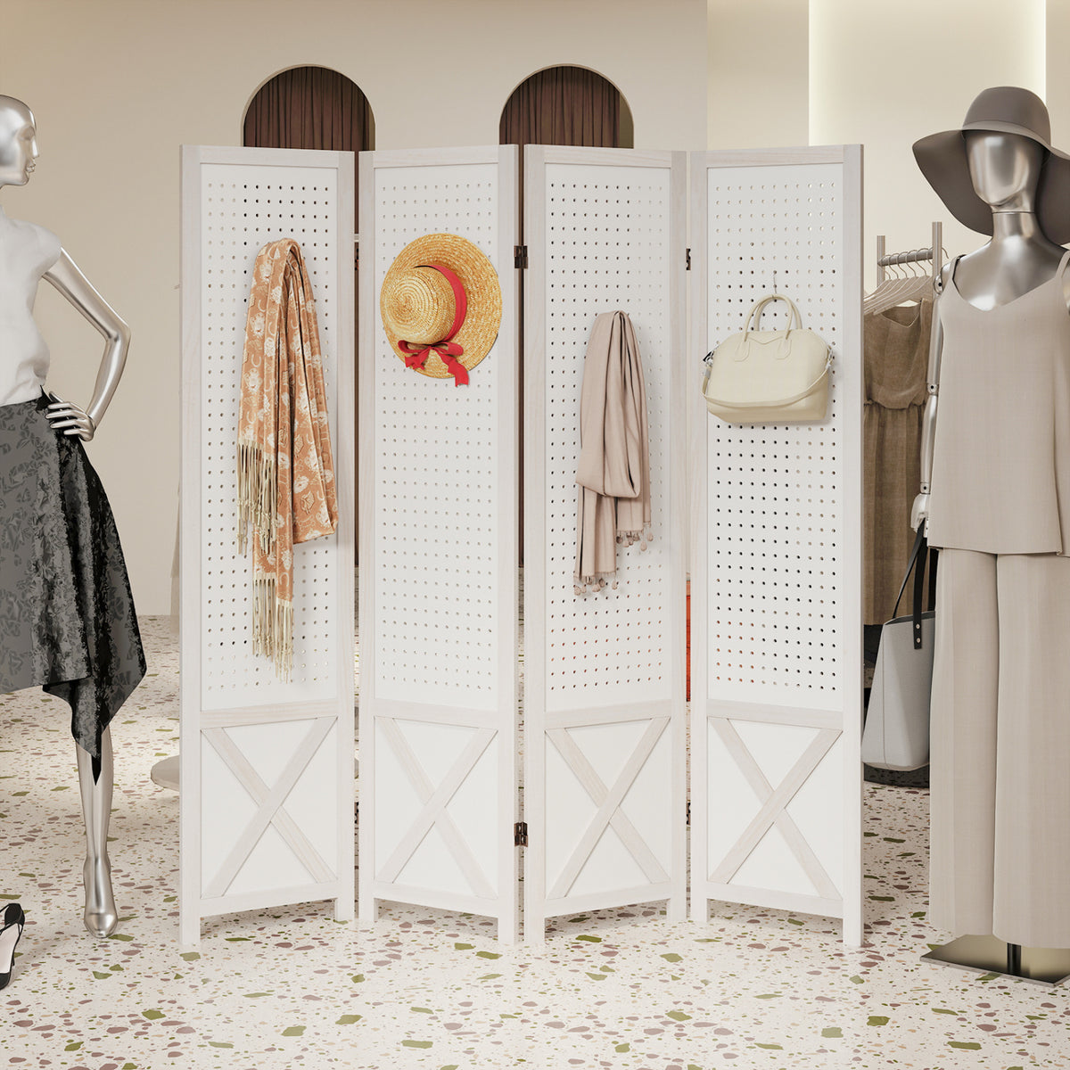 4/6-Panel Pegboard Room Divider - 67 Inches Tall Foldable Privacy Screen - Natural Wood