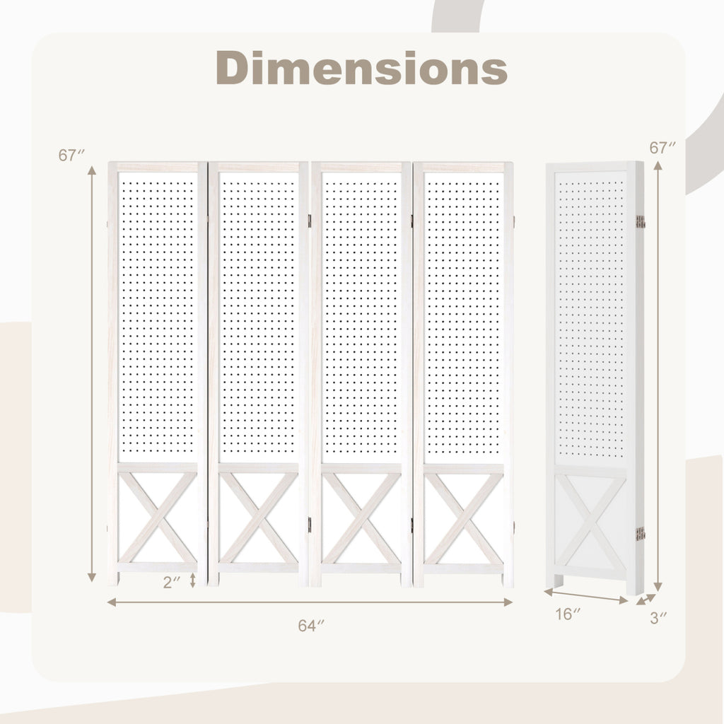 4/6-Panel Pegboard Room Divider - 67 Inches Tall Foldable Privacy Screen - Natural Wood