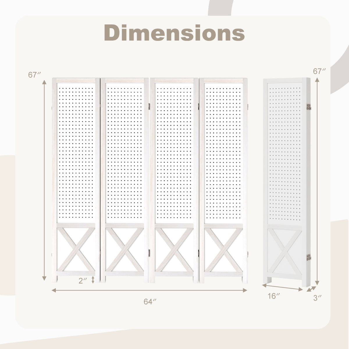 4/6-Panel Pegboard Room Divider - 67 Inches Tall Foldable Privacy Screen - Natural Wood