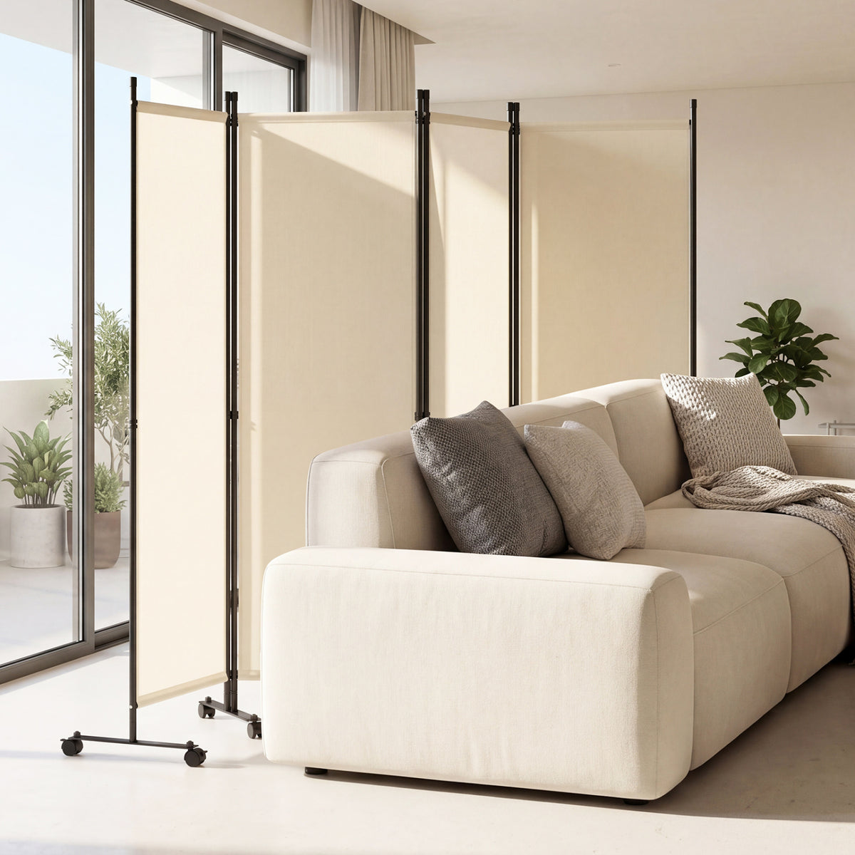 Beige 4-Panel Room Divider with Lockable Wheels for Living Room