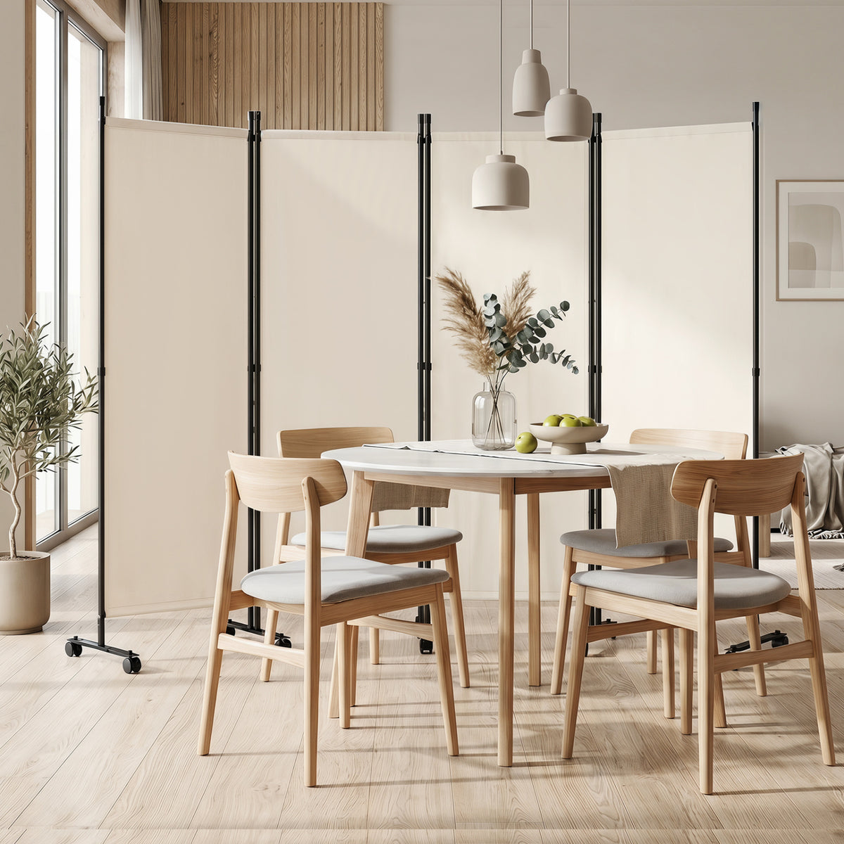 Beige 4-Panel Room Divider with Lockable Wheels for Living Room