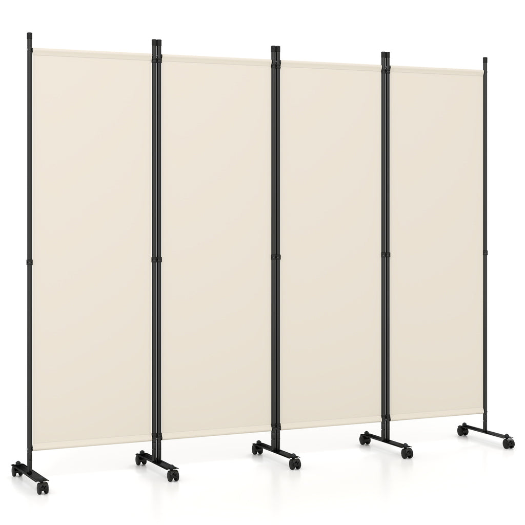 Beige 4-Panel Room Divider with Lockable Wheels for Living Room