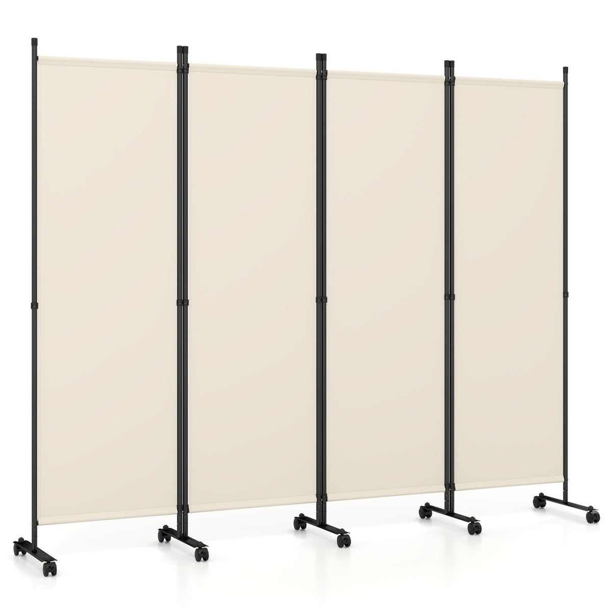 Beige 4-Panel Room Divider with Lockable Wheels for Living Room