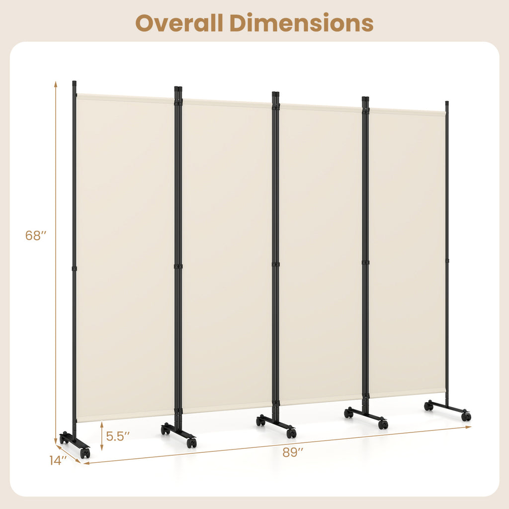 Beige 4-Panel Room Divider with Lockable Wheels for Living Room