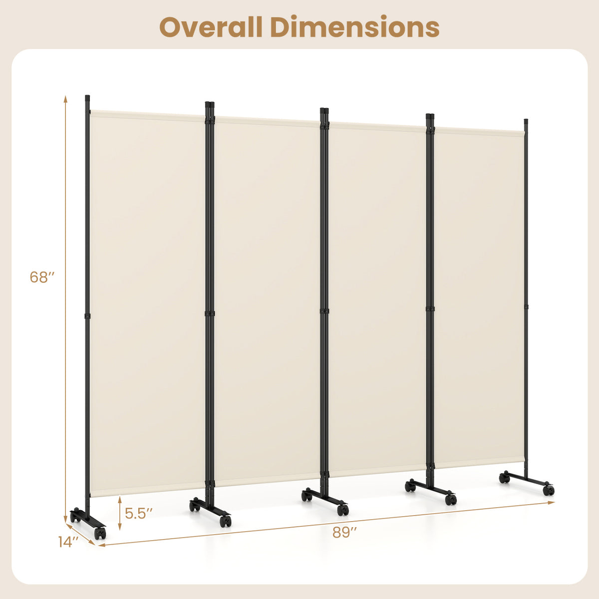 Beige 4-Panel Room Divider with Lockable Wheels for Living Room