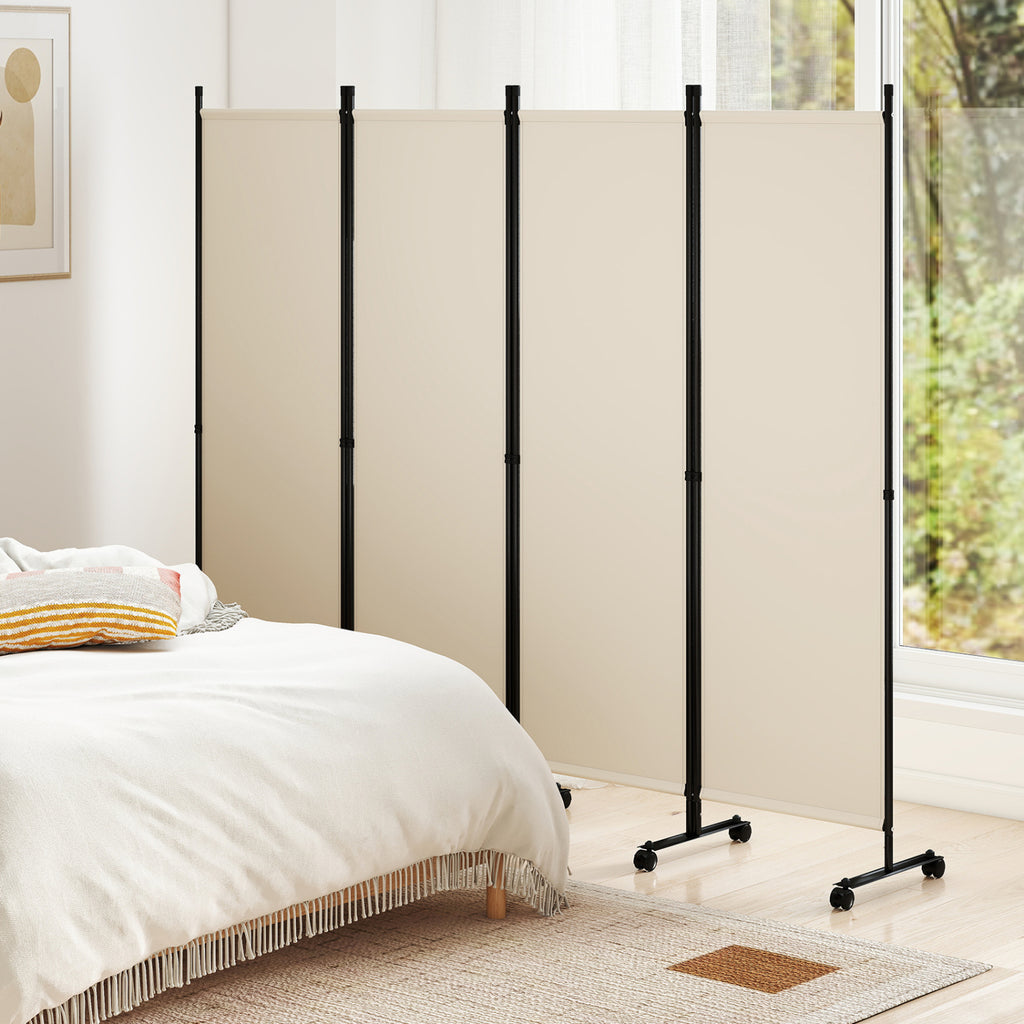 Beige 4-Panel Room Divider with Lockable Wheels for Living Room