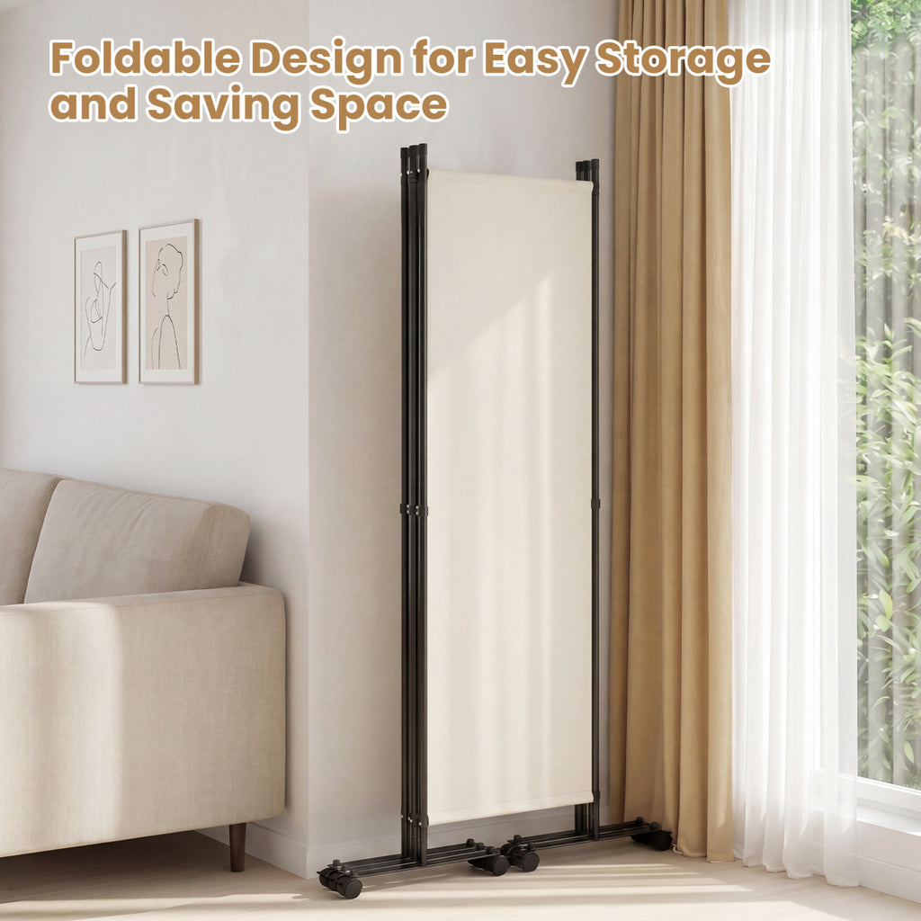 Beige 4-Panel Room Divider with Lockable Wheels for Living Room