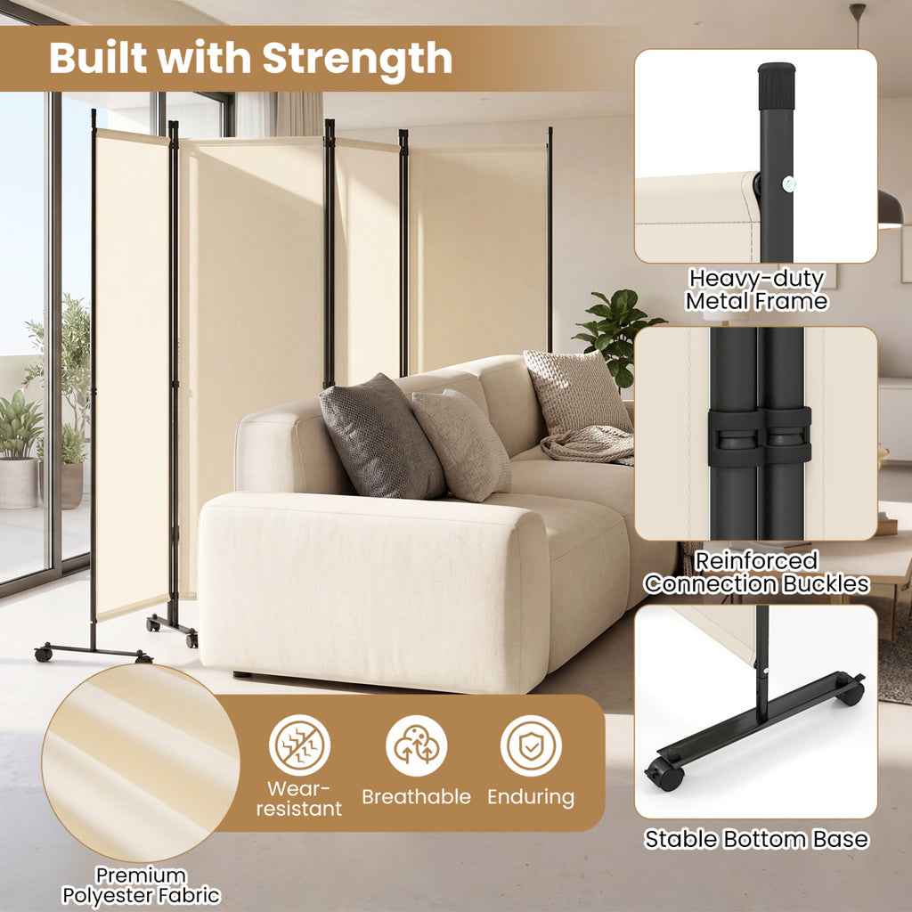 Beige 4-Panel Room Divider with Lockable Wheels for Living Room
