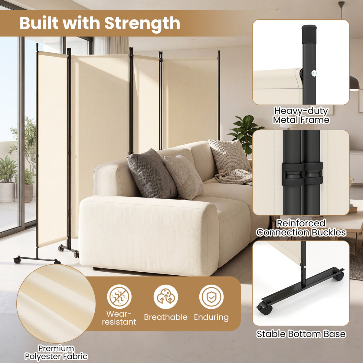 Beige 4-Panel Room Divider with Lockable Wheels for Living Room