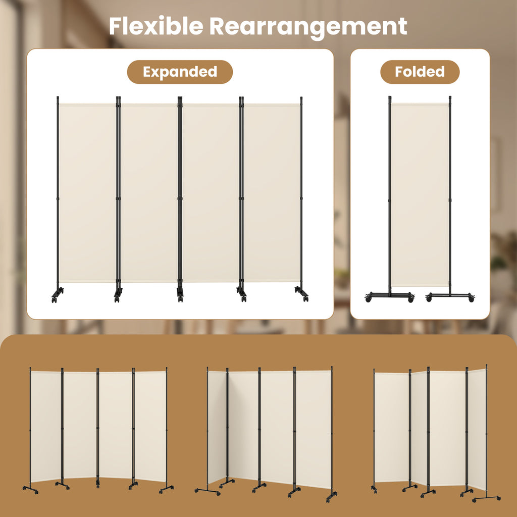 Beige 4-Panel Room Divider with Lockable Wheels for Living Room
