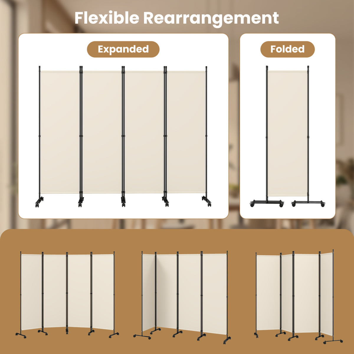 Beige 4-Panel Room Divider with Lockable Wheels for Living Room
