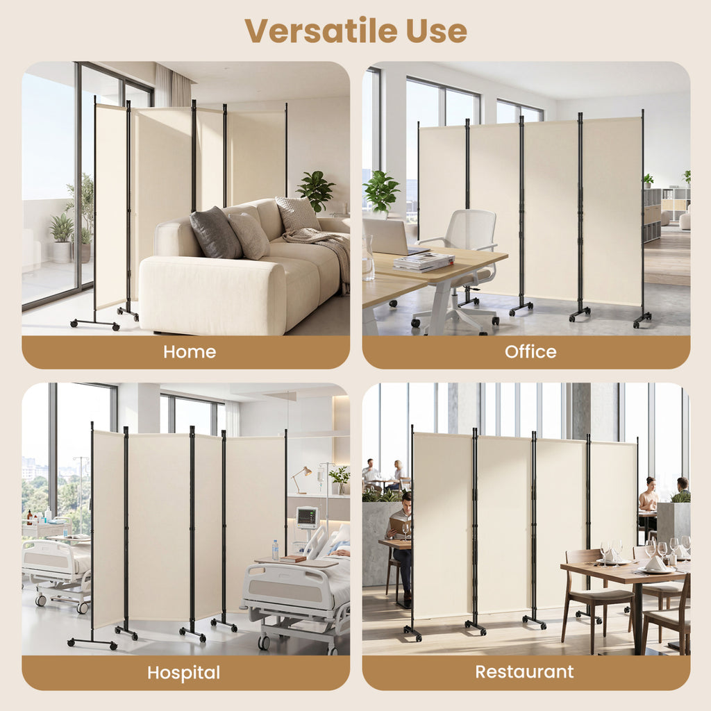 Beige 4-Panel Room Divider with Lockable Wheels for Living Room