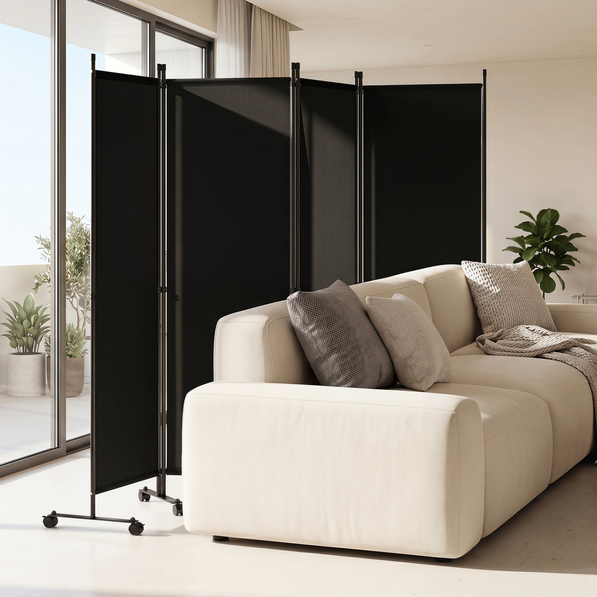 Beige 4-Panel Room Divider with Lockable Wheels for Living Room