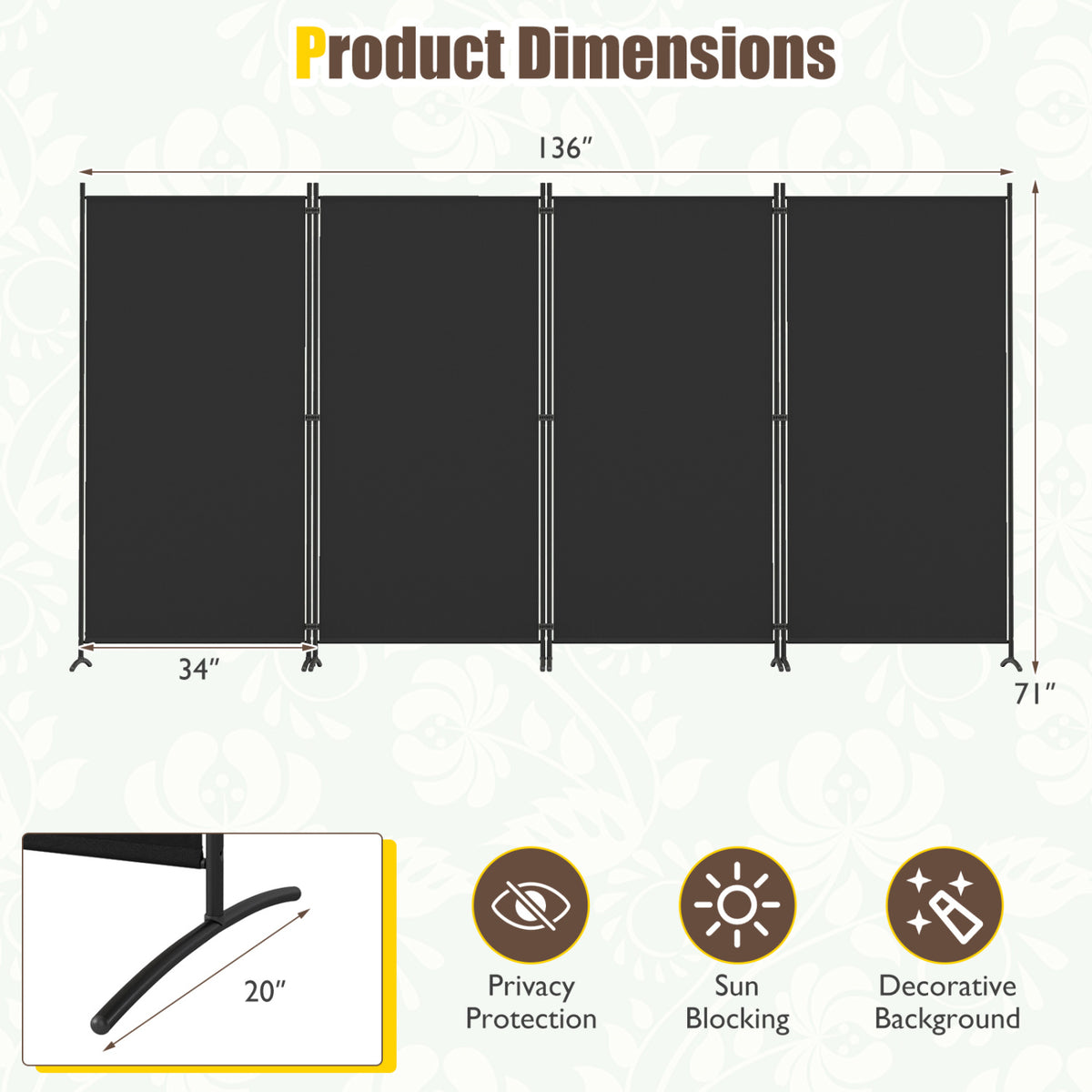 6 FT Tall 4 Panel Room Divider Folding Privacy Screen with Curved Metal Feet - Black