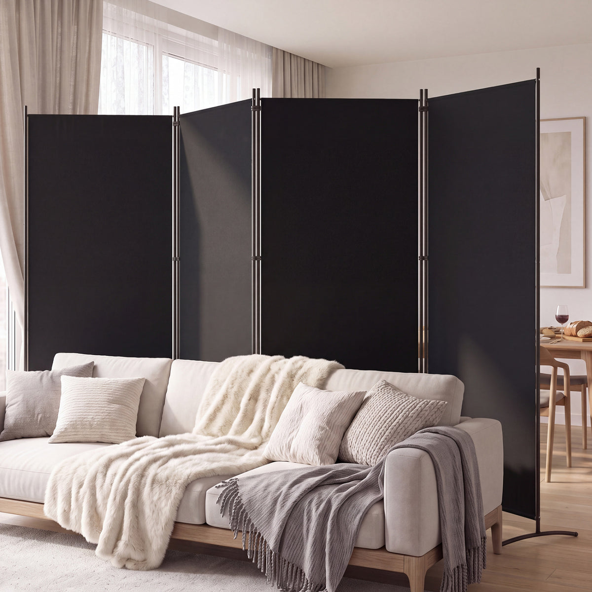 6 FT Tall 4 Panel Room Divider Folding Privacy Screen with Curved Metal Feet - Black