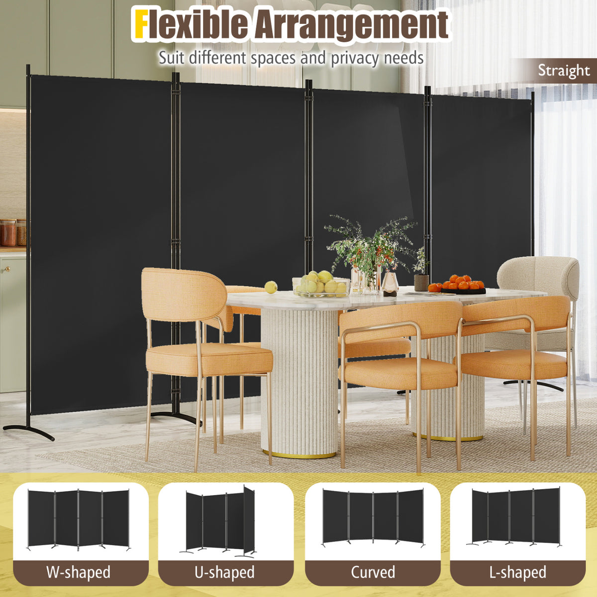 6 FT Tall 4 Panel Room Divider Folding Privacy Screen with Curved Metal Feet - Black