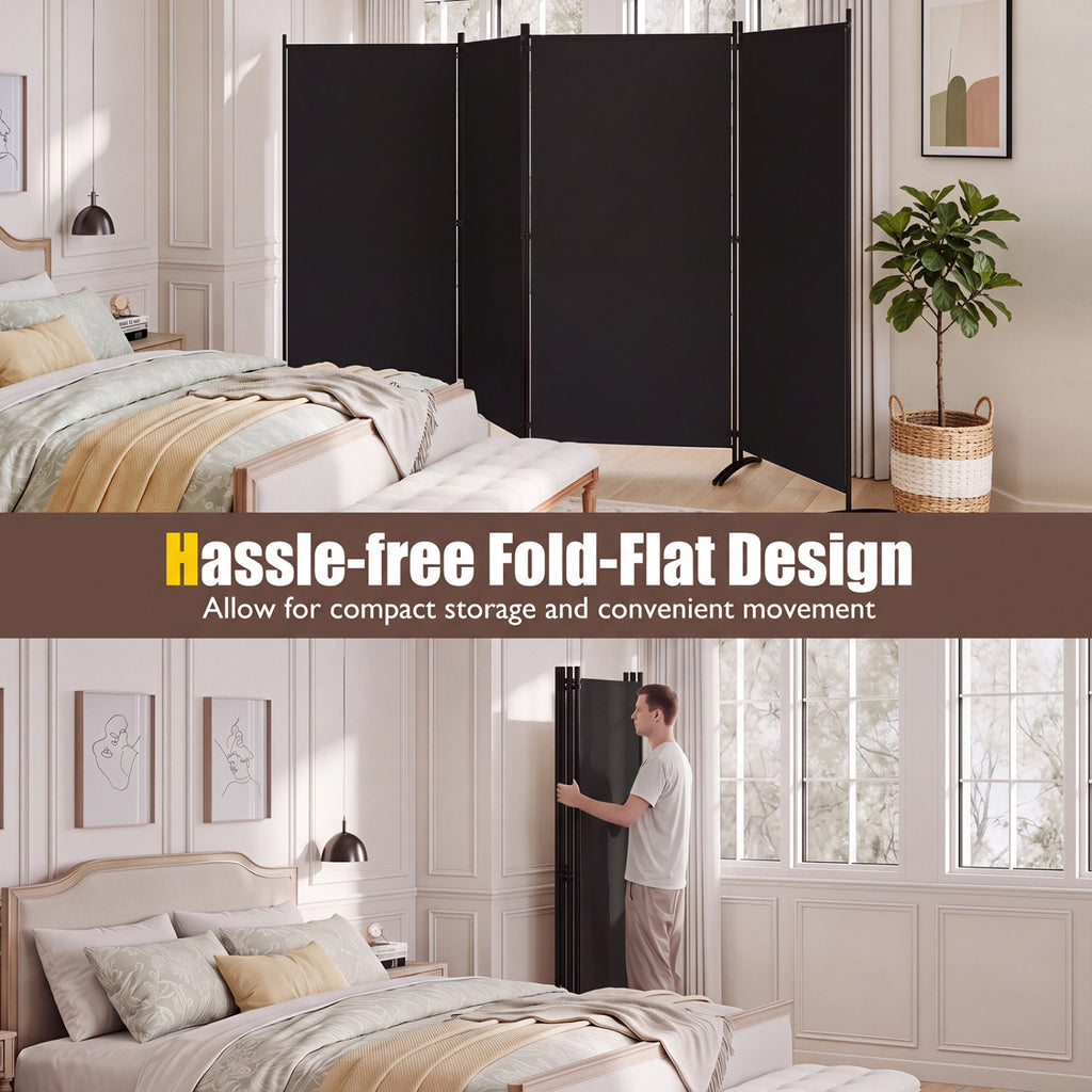 6 FT Tall 4 Panel Room Divider Folding Privacy Screen with Curved Metal Feet - Black