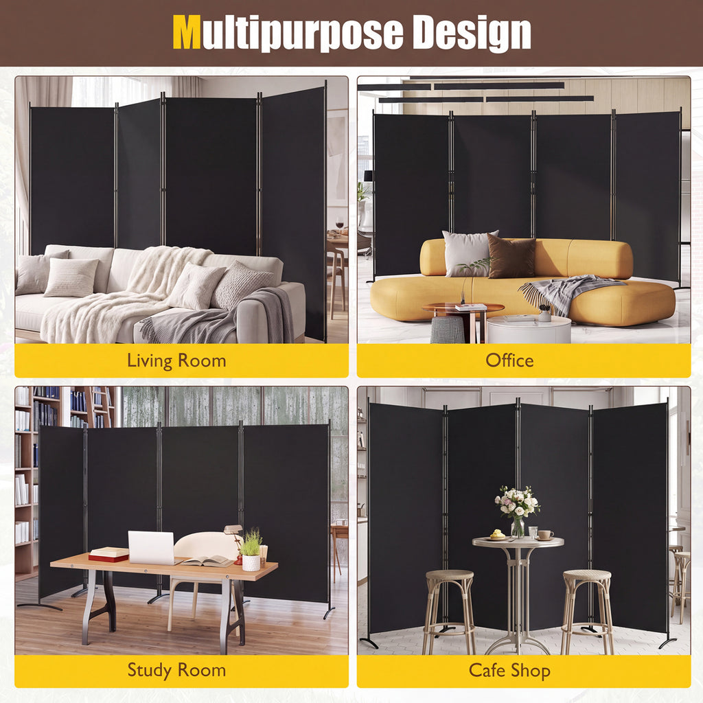 6 FT Tall 4 Panel Room Divider Folding Privacy Screen with Curved Metal Feet - Black