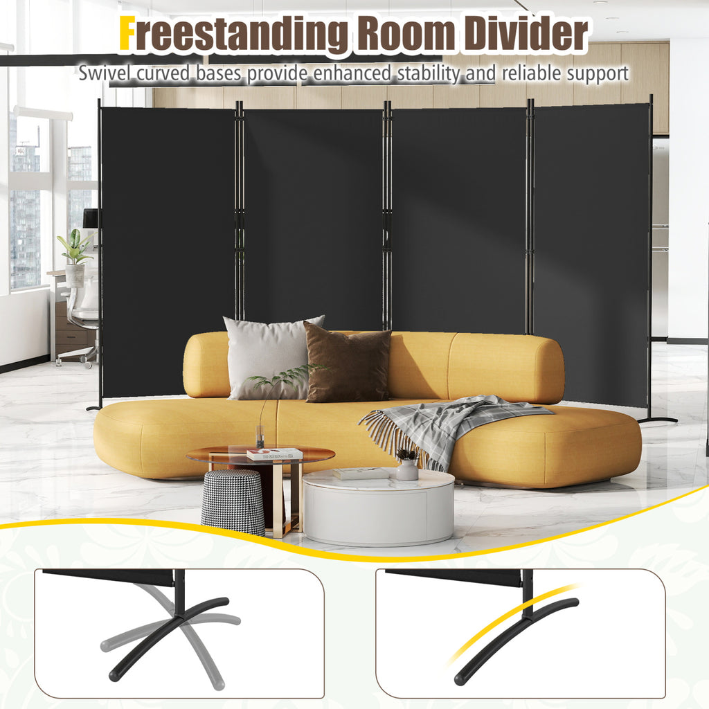 6 FT Tall 4 Panel Room Divider Folding Privacy Screen with Curved Metal Feet - Black