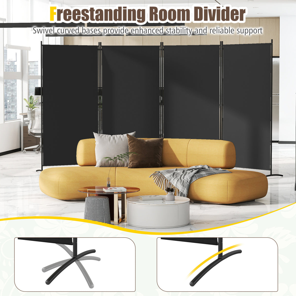 6 FT Tall 4 Panel Room Divider Folding Privacy Screen with Curved Metal Feet - Black