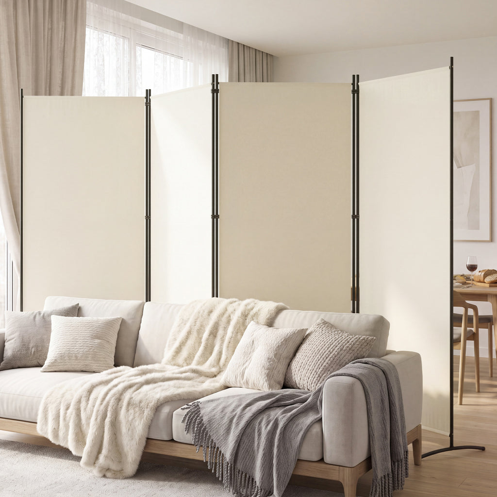 White 6 Ft Tall 4-Panel Room Divider Folding Privacy Screen with Curved Metal Feet - Variation of THIS listing