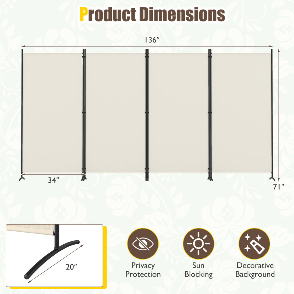 White 6 Ft Tall 4-Panel Room Divider Folding Privacy Screen with Curved Metal Feet - Variation of THIS listing