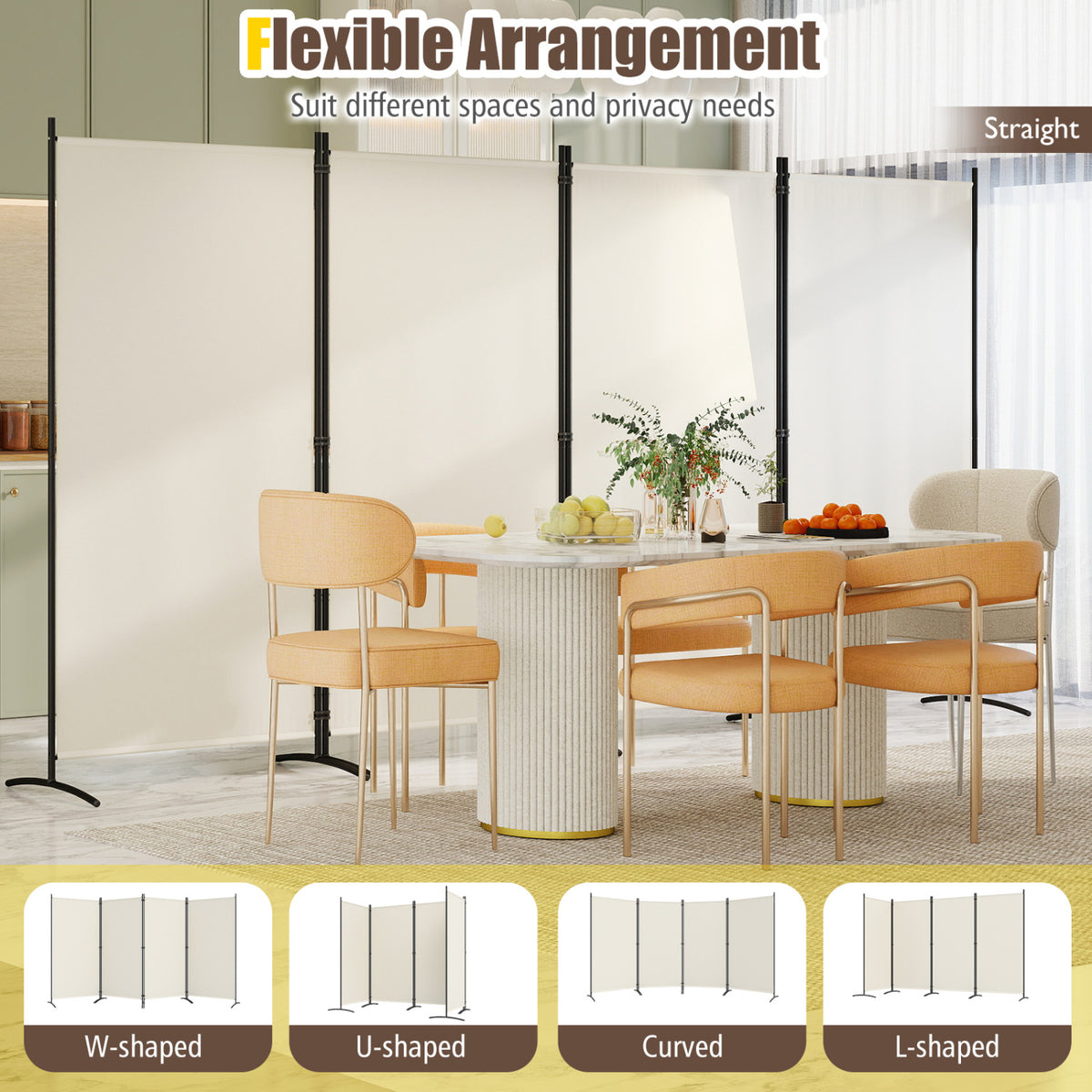 White 6 Ft Tall 4-Panel Room Divider Folding Privacy Screen with Curved Metal Feet - Variation of THIS listing