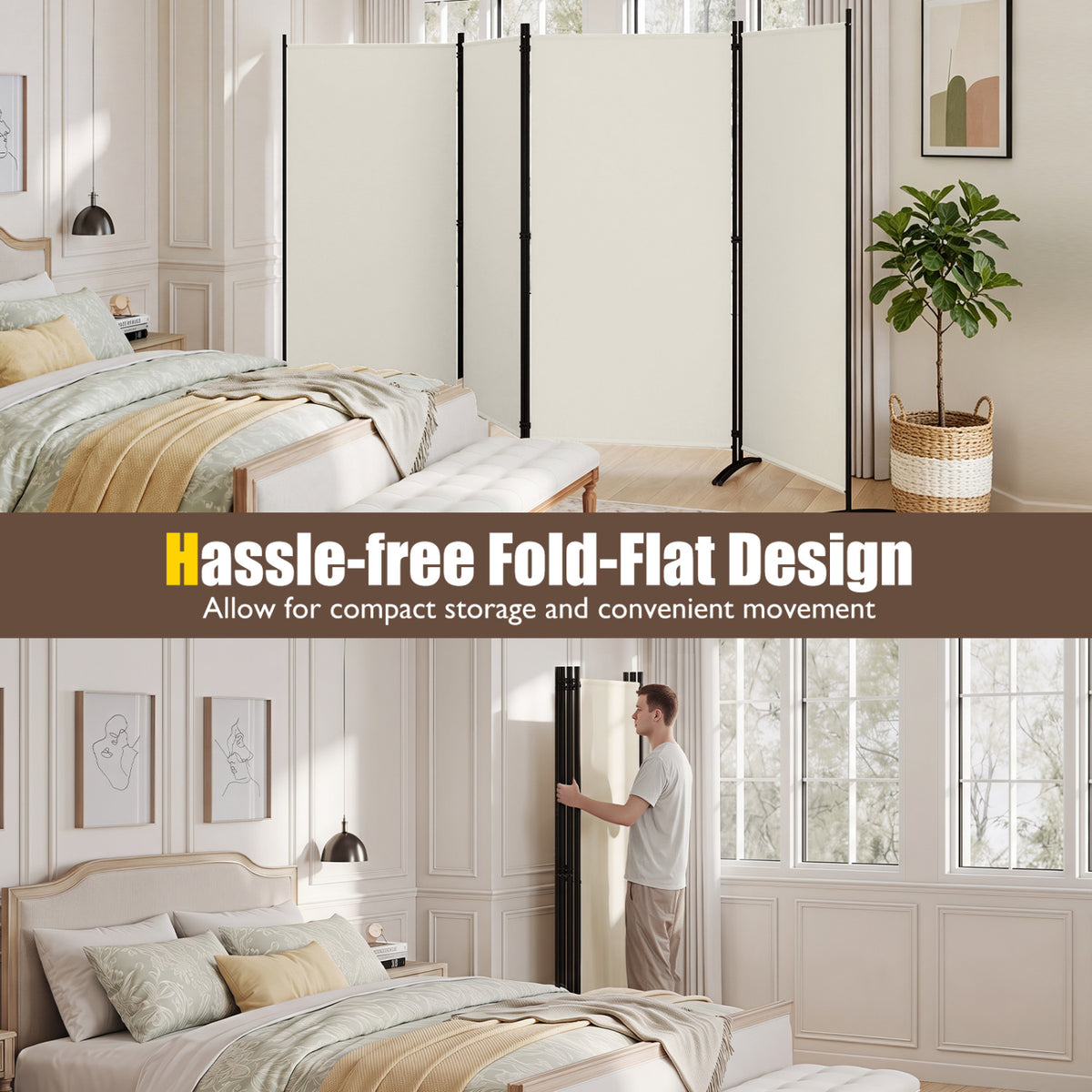 White 6 Ft Tall 4-Panel Room Divider Folding Privacy Screen with Curved Metal Feet - Variation of THIS listing