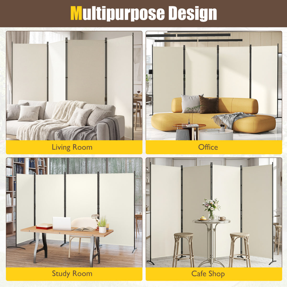 White 6 Ft Tall 4-Panel Room Divider Folding Privacy Screen with Curved Metal Feet - Variation of THIS listing