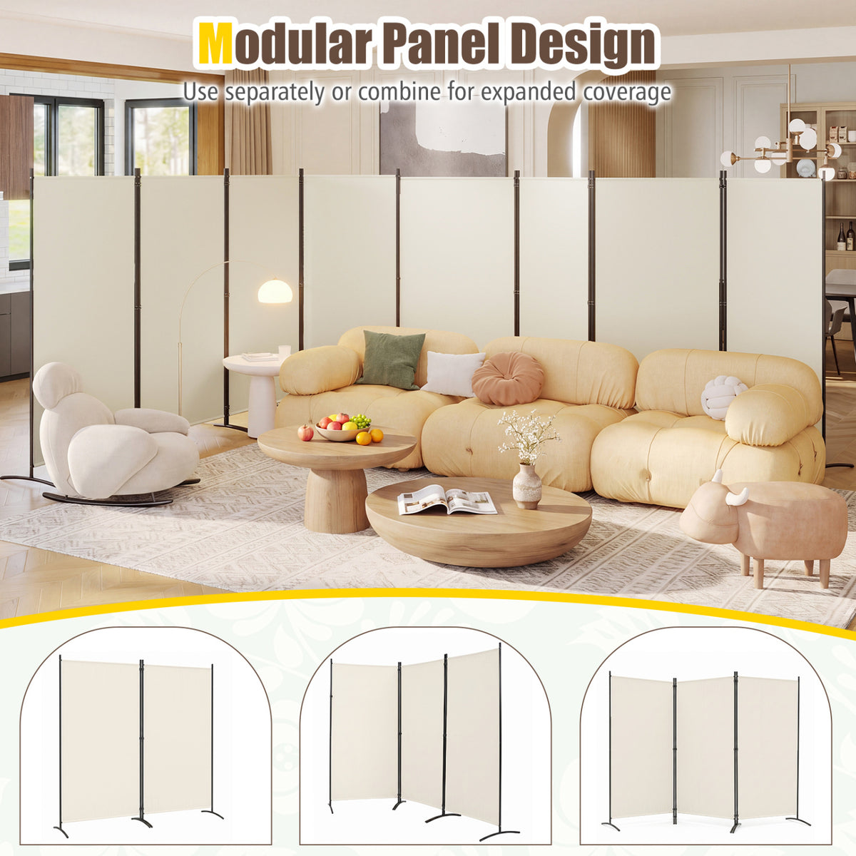 White 6 Ft Tall 4-Panel Room Divider Folding Privacy Screen with Curved Metal Feet - Variation of THIS listing