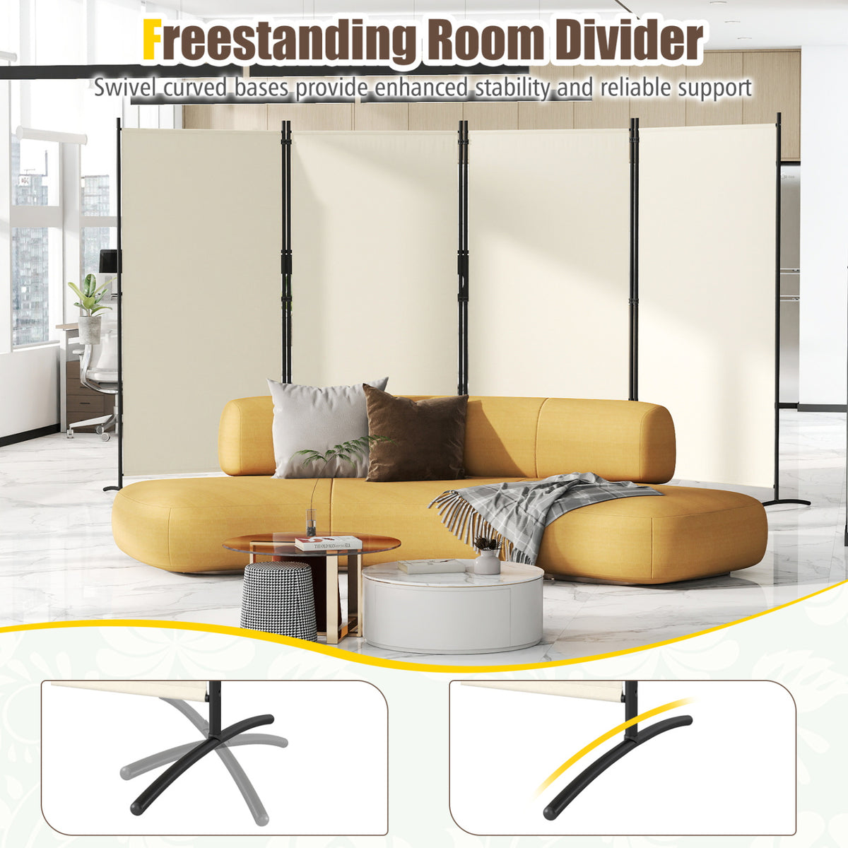 White 6 Ft Tall 4-Panel Room Divider Folding Privacy Screen with Curved Metal Feet - Variation of THIS listing