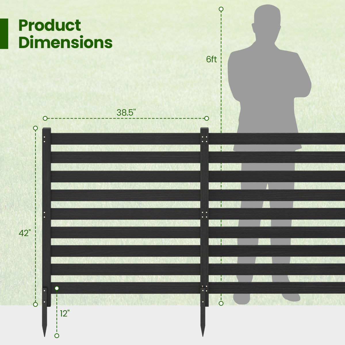 4-Panel Wooden Outdoor Privacy Fence with Ground Stakes - Black, 38.5x42 Inches