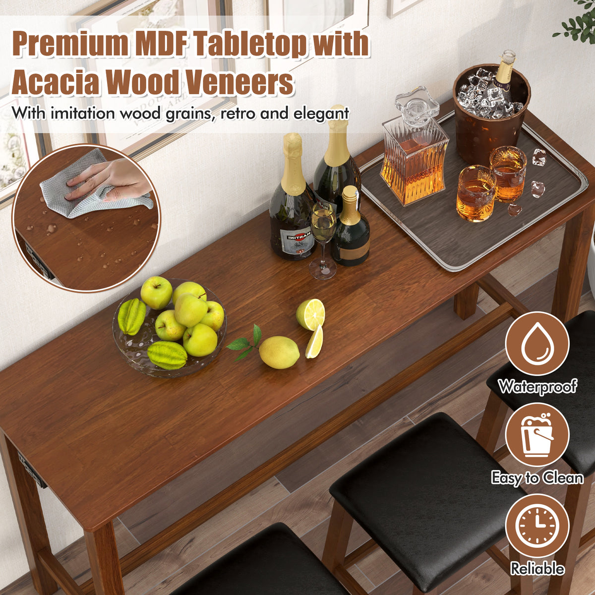 4-Piece Bar Table Set with 3 Stools, Brown