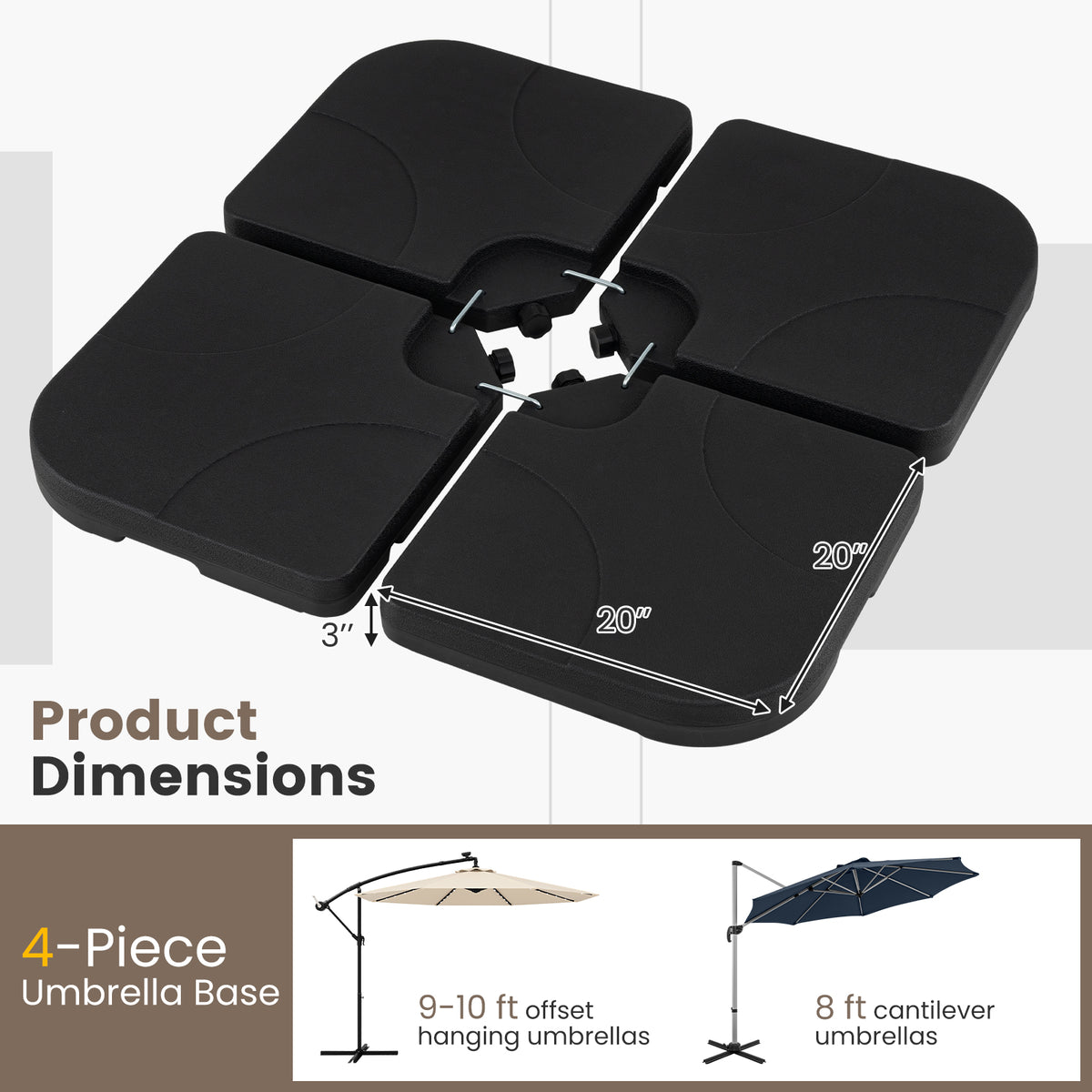 4-Piece Cantilever Umbrella Base 164 LBS Heavy-Duty - Black
