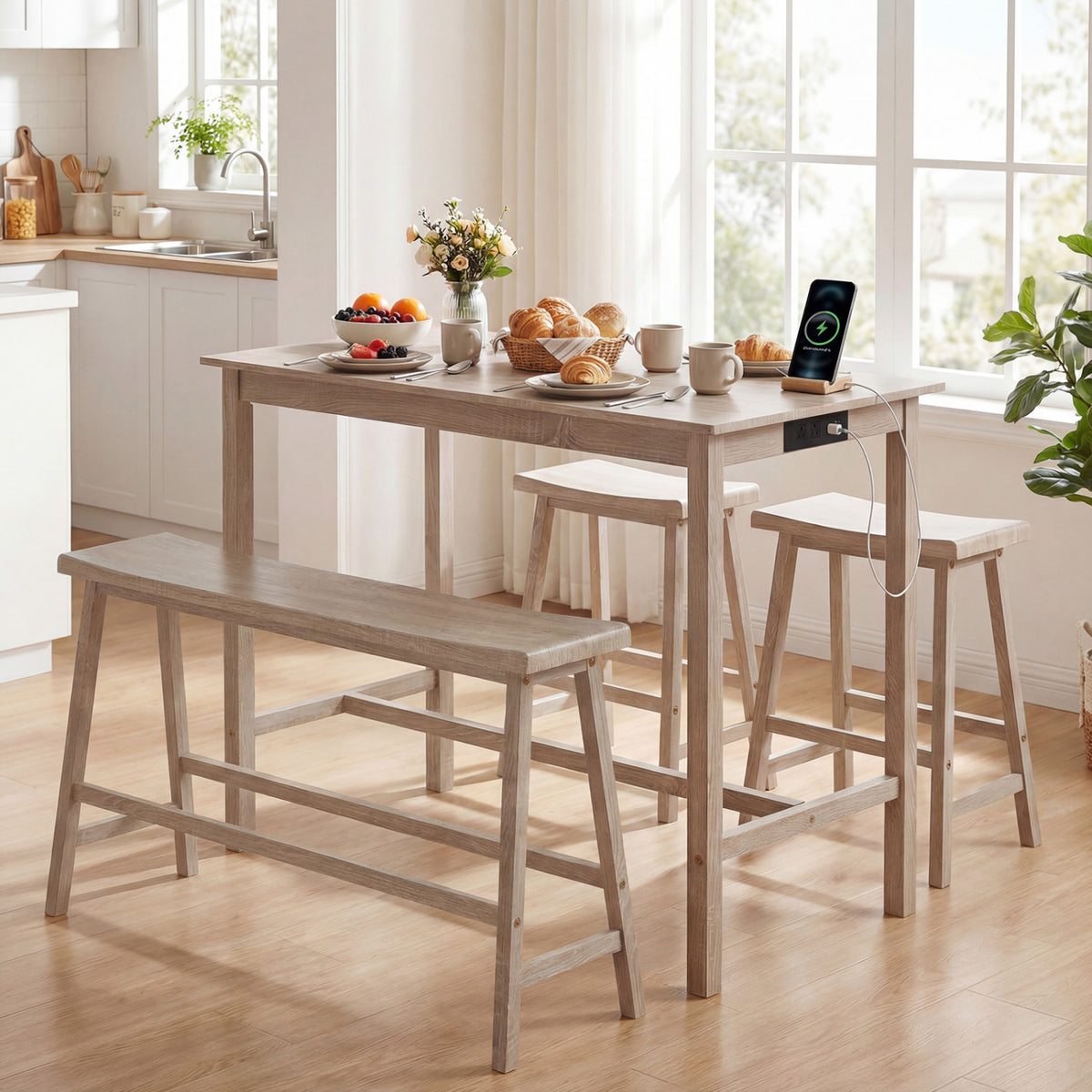 4-Piece Counter Height Dining Table Set with Power Outlet - Gray