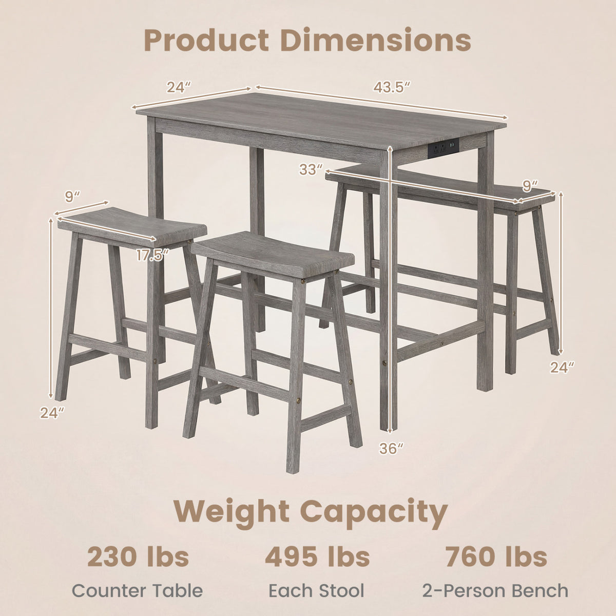 4-Piece Counter Height Dining Table Set with Power Outlet - Gray