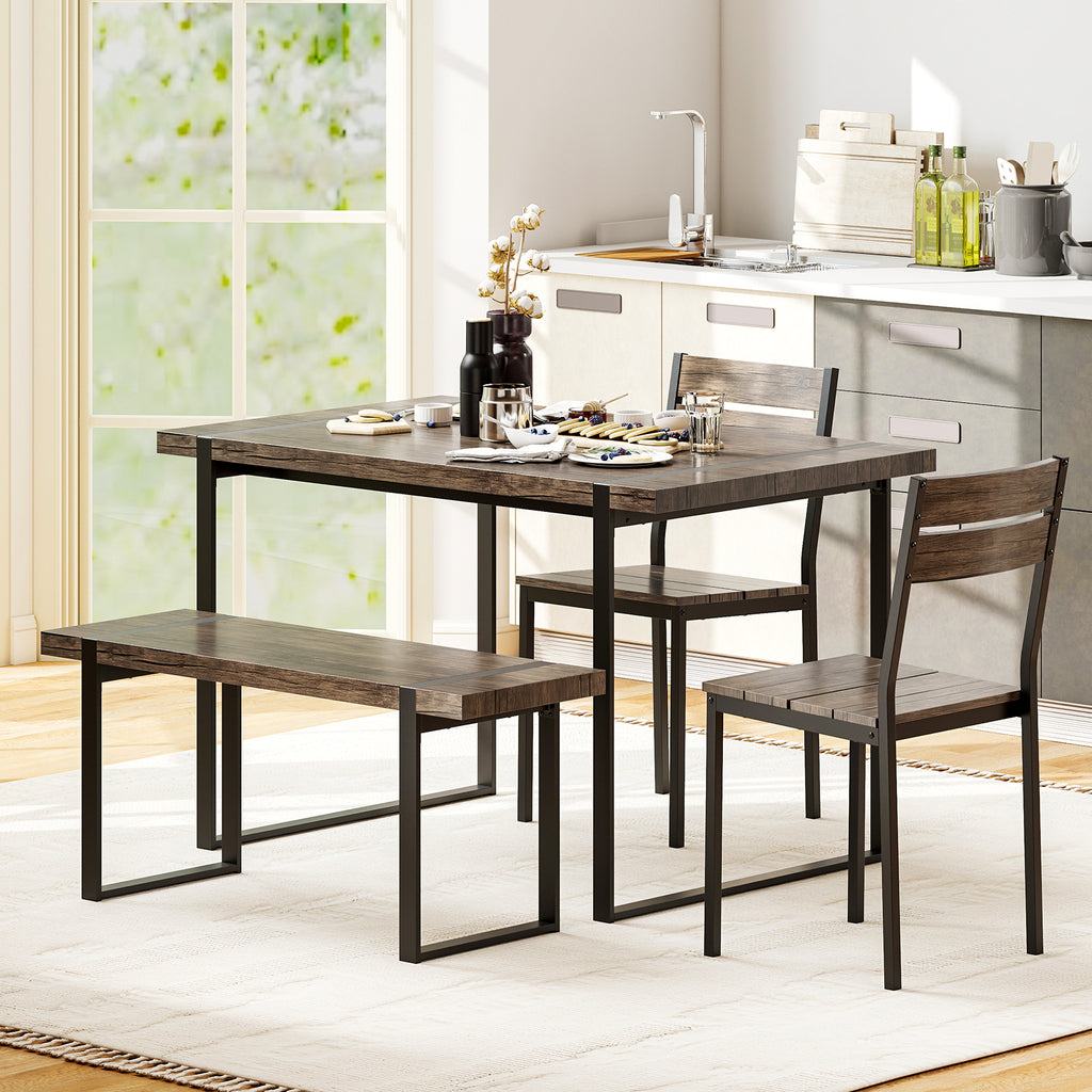 4-Piece Dining Table Set with Bench & Chairs - Black & Gray
