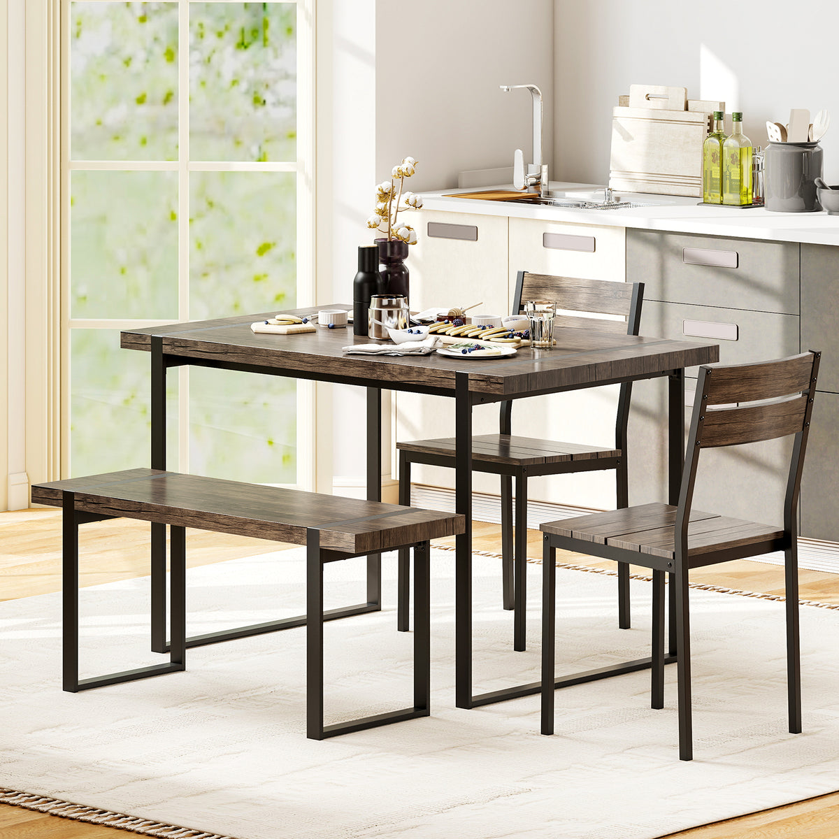 4-Piece Dining Table Set with Bench & Chairs - Black & Gray
