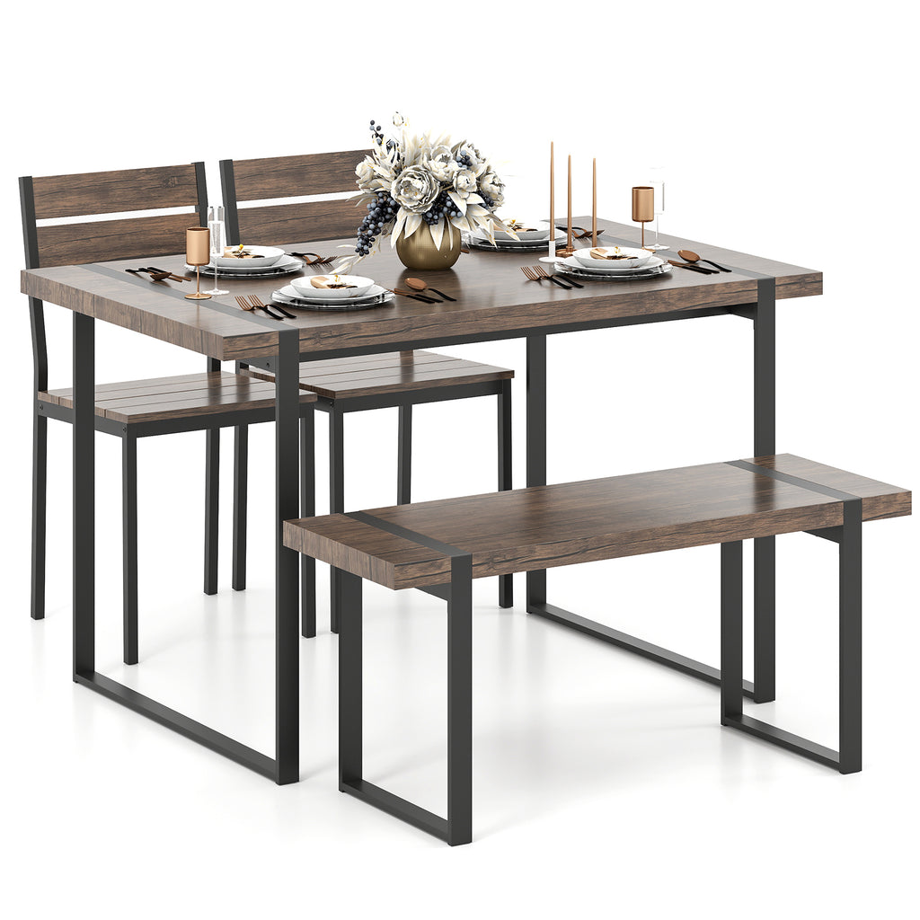 4-Piece Dining Table Set with Bench & Chairs - Black & Gray