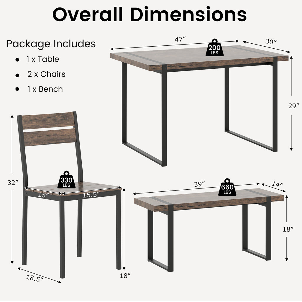 4-Piece Dining Table Set with Bench & Chairs - Black & Gray