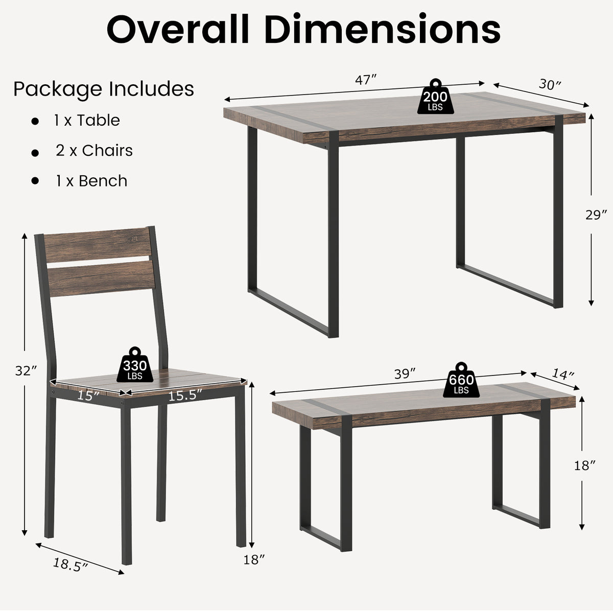 4-Piece Dining Table Set with Bench & Chairs - Black & Gray