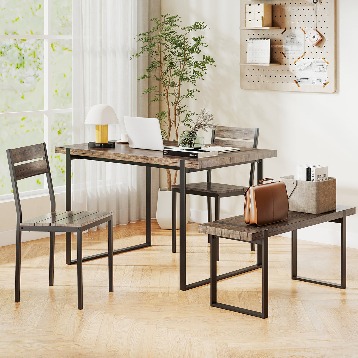 4-Piece Dining Table Set with Bench & Chairs - Black & Gray