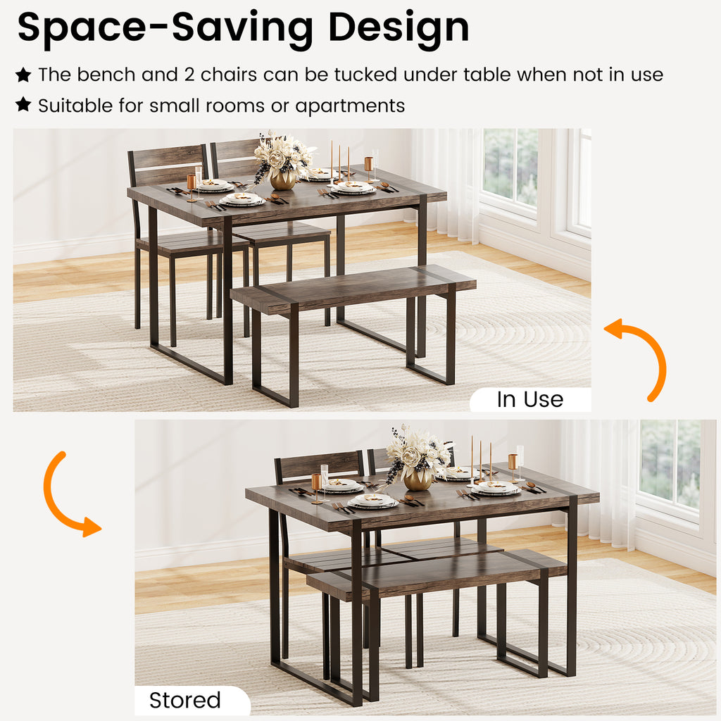 4-Piece Dining Table Set with Bench & Chairs - Black & Gray