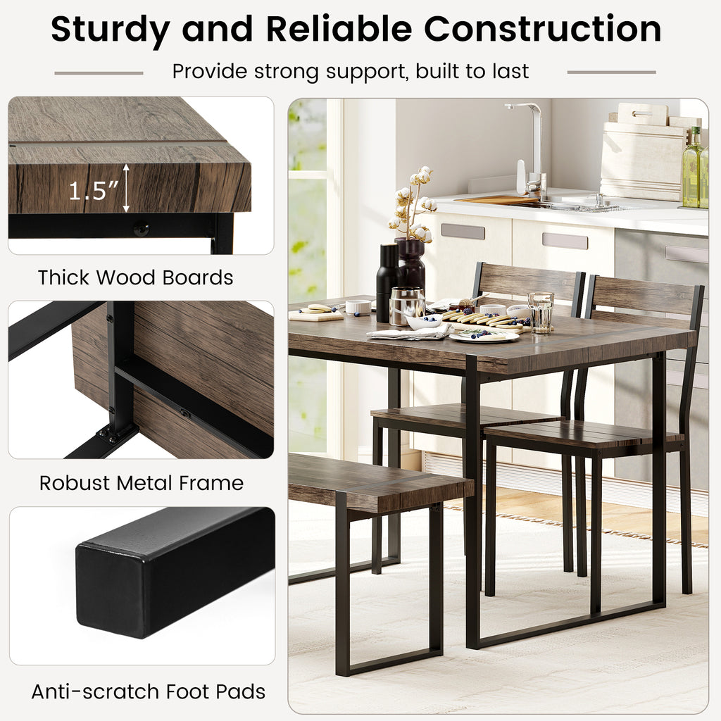 4-Piece Dining Table Set with Bench & Chairs - Black & Gray