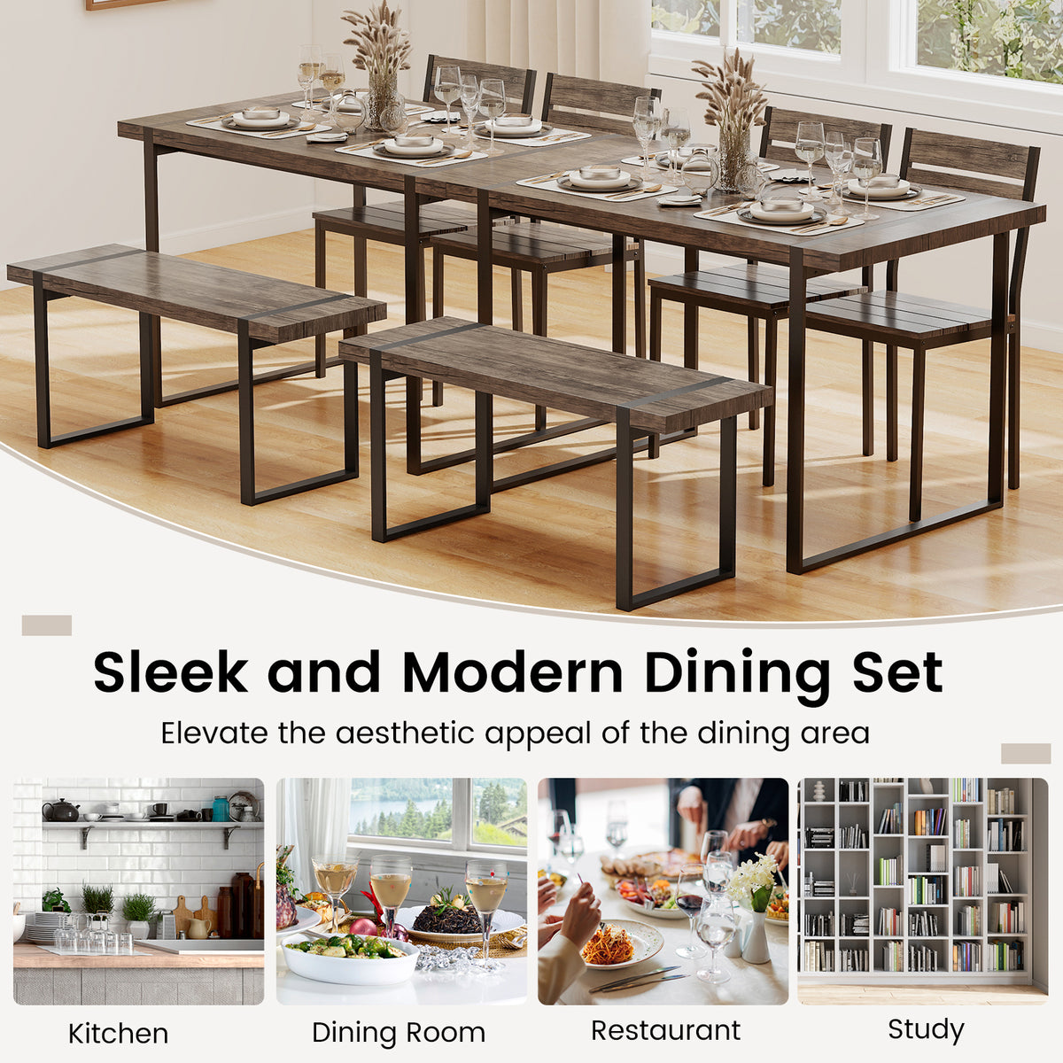 4-Piece Dining Table Set with Bench & Chairs - Black & Gray