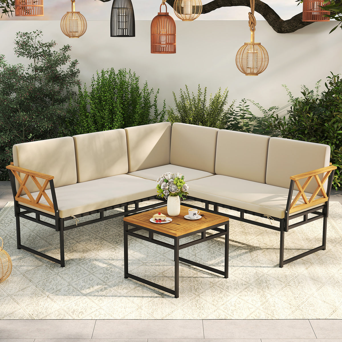4 Pieces Patio L-Shaped Sofa Set with Cushions and Side Table